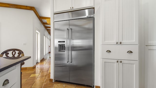 kitchen with built in refrigerator, dark countertops, and white cabinets