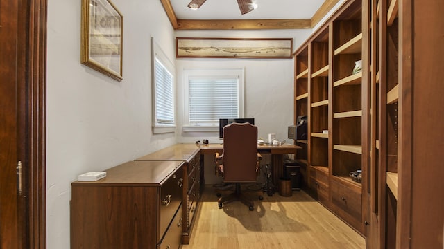 office featuring light wood-style flooring and a ceiling fan