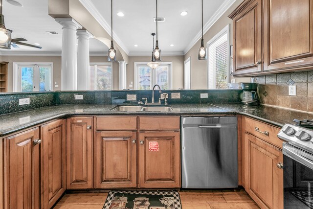 kitchen with dishwasher, ceiling fan, ornamental molding, and white range with electric stovetop