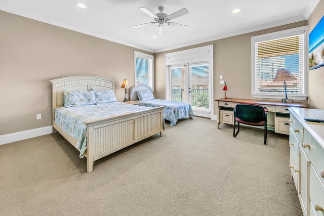 bedroom featuring light carpet, ceiling fan, access to exterior, and crown molding