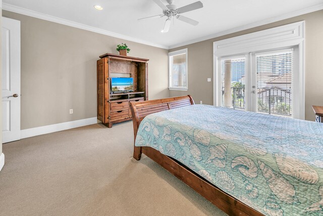 bedroom featuring crown molding, access to outside, ceiling fan, and light colored carpet