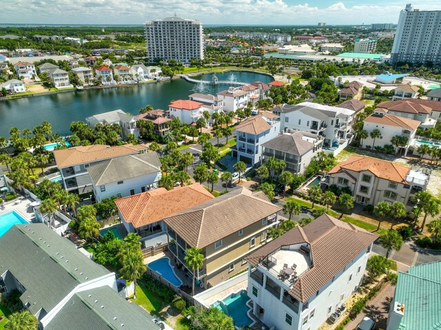 drone / aerial view with a water view