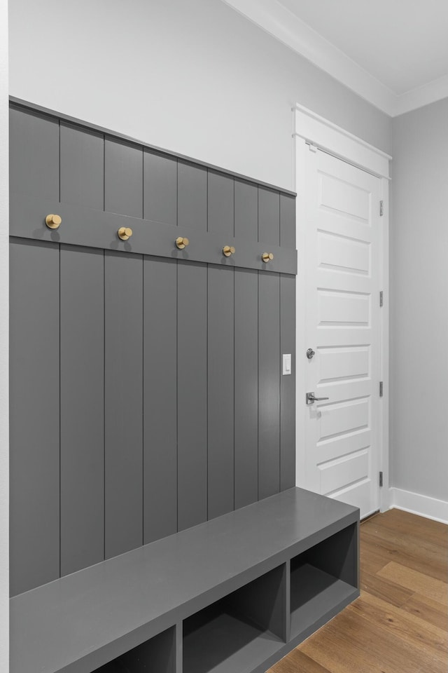 mudroom featuring light hardwood / wood-style floors and ornamental molding