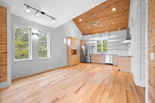 kitchen with light hardwood / wood-style floors, stainless steel appliances, ventilation hood, high vaulted ceiling, and decorative backsplash