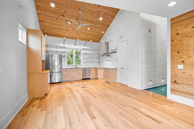 kitchen featuring light hardwood / wood-style flooring, appliances with stainless steel finishes, high vaulted ceiling, ceiling fan, and wall chimney range hood