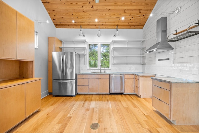 kitchen with vaulted ceiling, wall chimney exhaust hood, wooden ceiling, light brown cabinetry, and stainless steel appliances