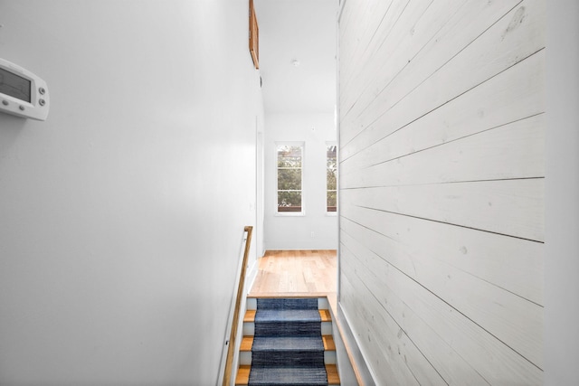 staircase featuring hardwood / wood-style floors and wood walls