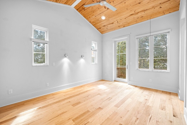 unfurnished room featuring beamed ceiling, high vaulted ceiling, ceiling fan with notable chandelier, wooden ceiling, and light hardwood / wood-style floors