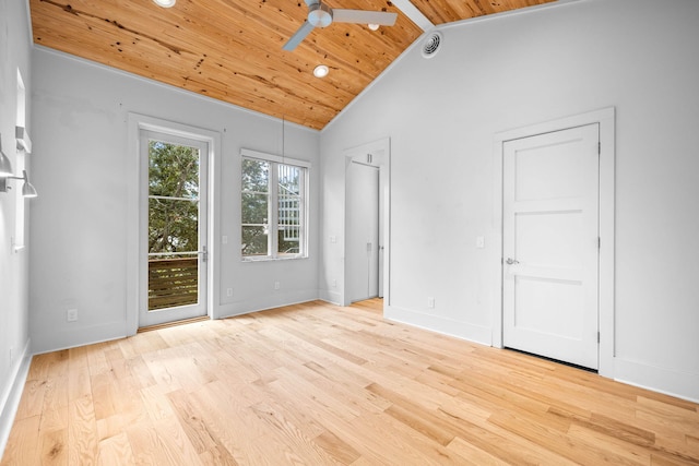 spare room with beam ceiling, light hardwood / wood-style floors, wood ceiling, high vaulted ceiling, and ceiling fan