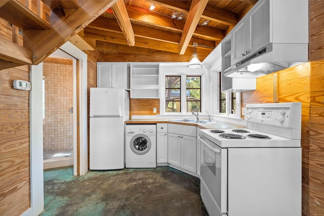 kitchen with decorative light fixtures, white appliances, white cabinetry, sink, and washer / clothes dryer