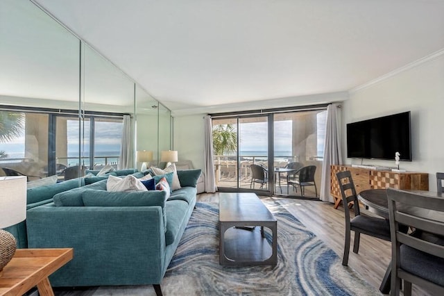 living room with a water view, hardwood / wood-style flooring, and crown molding