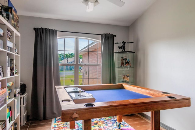 game room featuring ceiling fan, wood-type flooring, and billiards