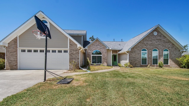 front facade with a garage and a front lawn