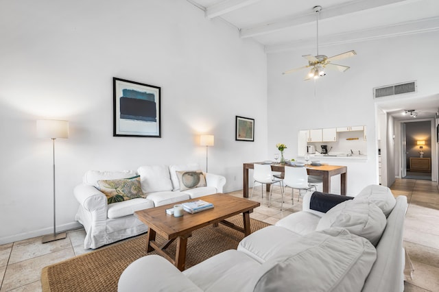 living room with lofted ceiling with beams and ceiling fan