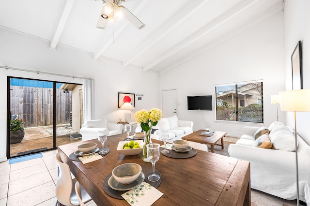 dining room featuring high vaulted ceiling, ceiling fan, light tile patterned floors, and beamed ceiling