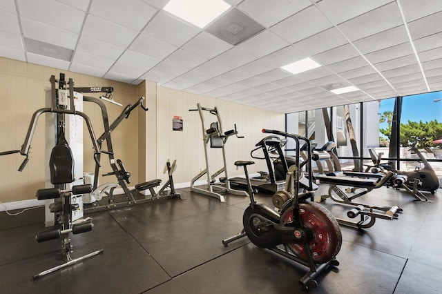 exercise room featuring baseboards, a wall of windows, and a drop ceiling