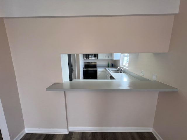 kitchen featuring appliances with stainless steel finishes, dark wood finished floors, a sink, and baseboards