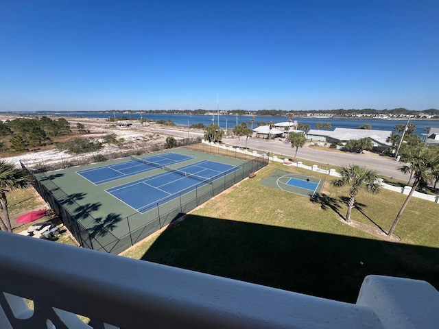 bird's eye view with a water view