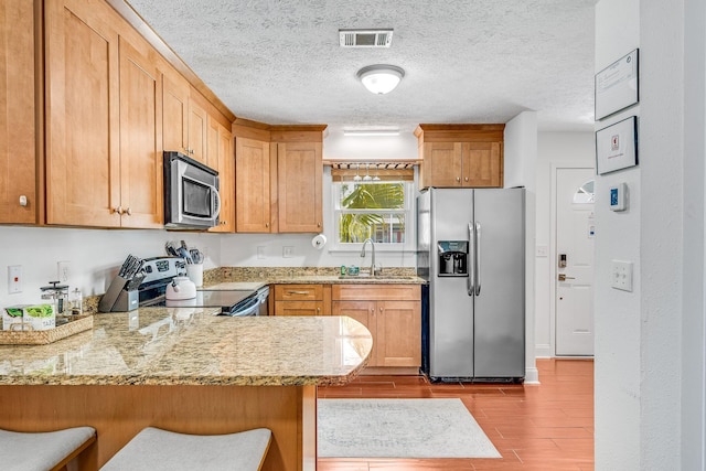 kitchen featuring light wood-type flooring, light stone countertops, stainless steel appliances, and kitchen peninsula