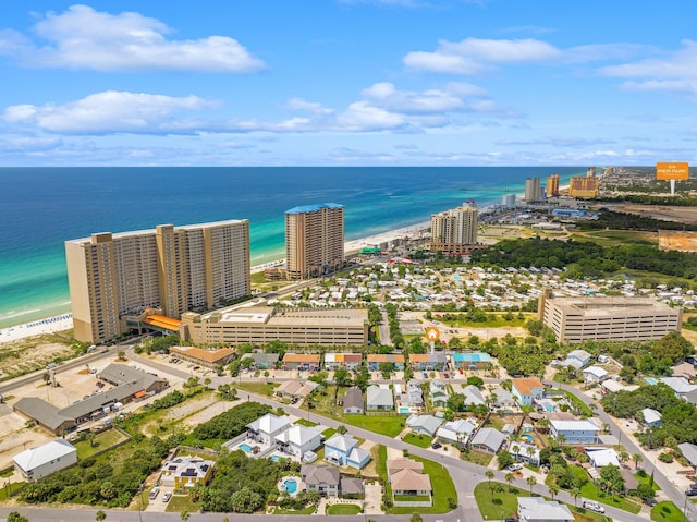 aerial view featuring a water view and a beach view