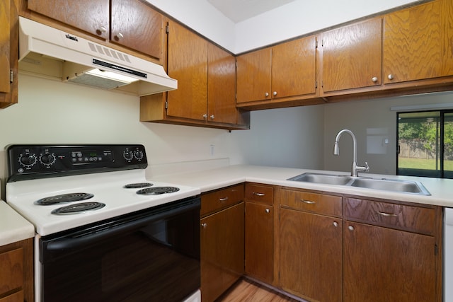 kitchen with light wood-type flooring, sink, and electric stove