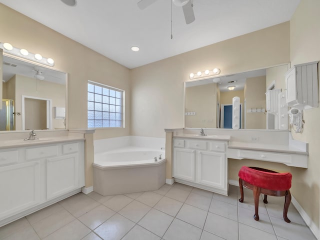 bathroom with tile patterned flooring, vanity, ceiling fan, and independent shower and bath