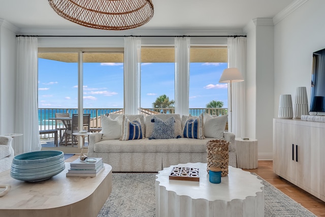 living room with a water view, plenty of natural light, crown molding, and light wood-type flooring