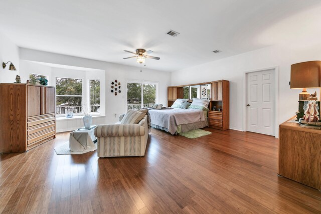 bedroom featuring wood-type flooring and ceiling fan