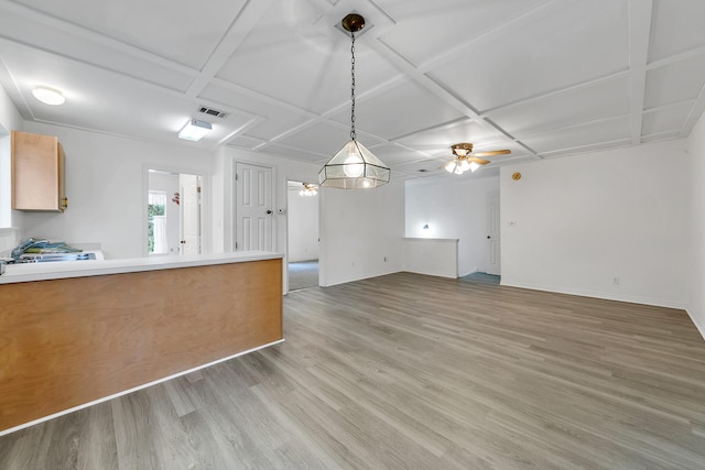 664 Woodland Bayou Dr, Santa Rosa Beach, FL 32459 - unfurnished living room with baseboards, light wood-style floors, a ceiling fan, and coffered ceiling