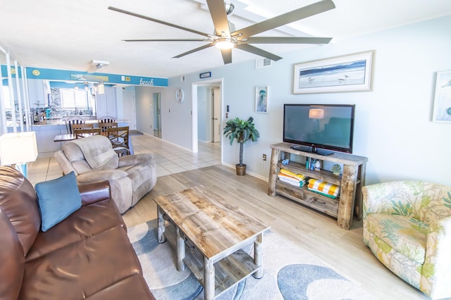 living area featuring ceiling fan and wood finished floors