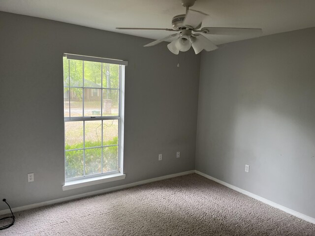 empty room featuring ceiling fan, plenty of natural light, and carpet floors