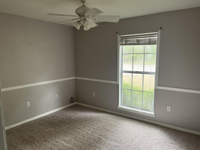 unfurnished room with carpet flooring, ceiling fan, and plenty of natural light