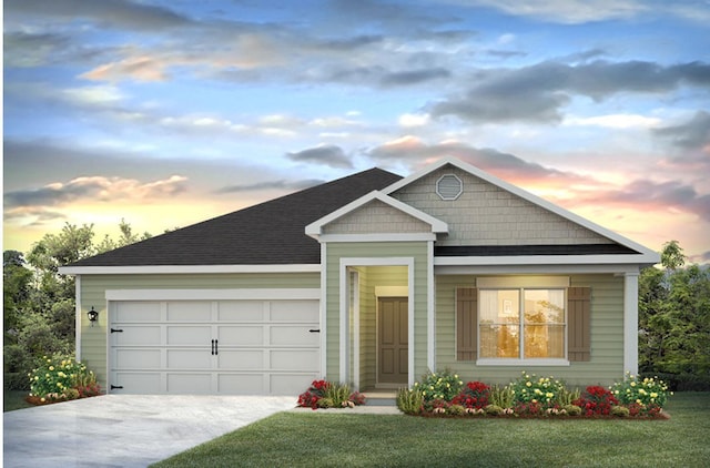 single story home featuring a front lawn, roof with shingles, driveway, and an attached garage