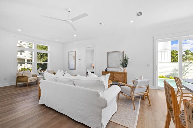 living room featuring hardwood / wood-style floors, ceiling fan, and plenty of natural light