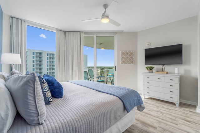 bedroom with light wood-type flooring, access to exterior, and ceiling fan