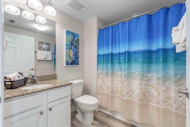 bathroom with vanity, toilet, and hardwood / wood-style flooring