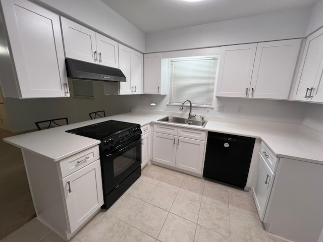 kitchen featuring black appliances, light tile patterned flooring, white cabinets, and sink