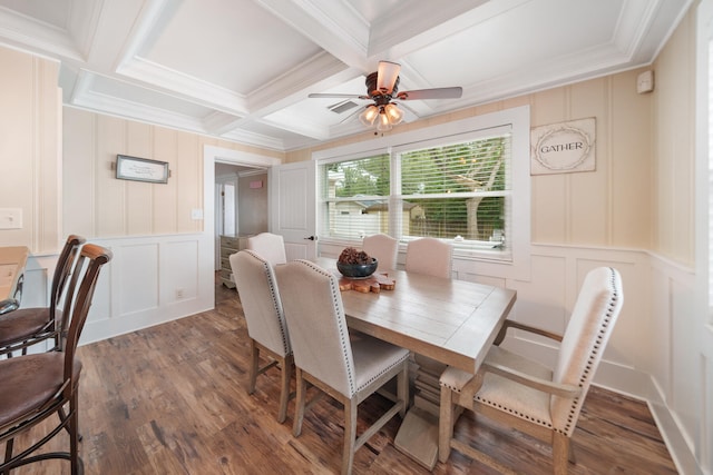 dining space featuring beamed ceiling, coffered ceiling, crown molding, ceiling fan, and dark hardwood / wood-style floors