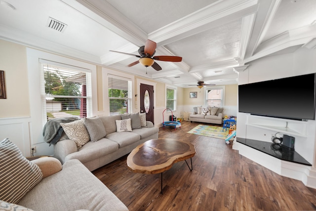 living room with coffered ceiling, dark hardwood / wood-style flooring, crown molding, and beam ceiling