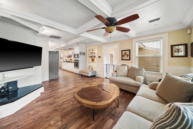 living room with coffered ceiling, ceiling fan, dark hardwood / wood-style flooring, and crown molding