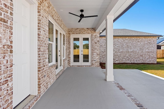 view of patio featuring french doors and ceiling fan