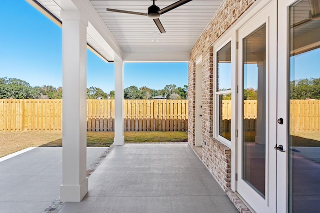 view of patio / terrace with ceiling fan and french doors