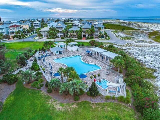 drone / aerial view with a water view