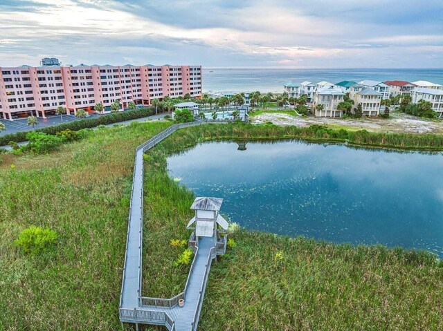 aerial view featuring a water view