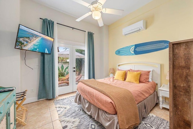 tiled bedroom featuring access to exterior, ceiling fan, french doors, and a wall mounted air conditioner