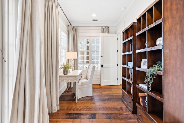 office space with ornamental molding and dark hardwood / wood-style floors