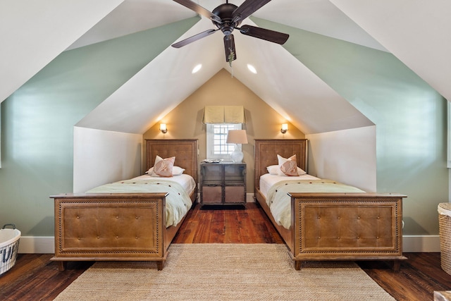 bedroom with vaulted ceiling, dark hardwood / wood-style floors, and ceiling fan