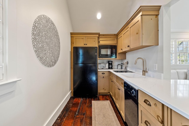 kitchen with dark hardwood / wood-style floors, light brown cabinetry, sink, and black appliances