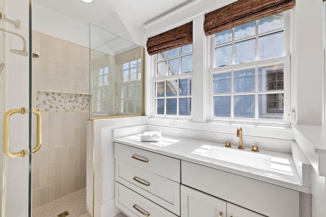 bathroom with vanity and a shower with shower door