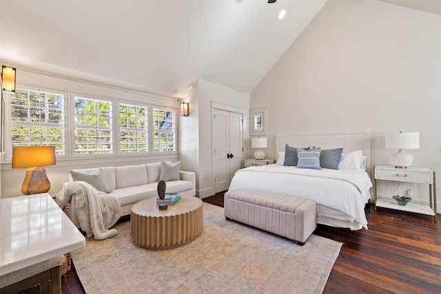 bedroom with high vaulted ceiling, dark hardwood / wood-style flooring, and a closet